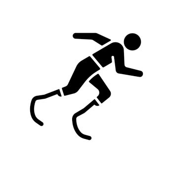 Athletics black glyph icon. Sportsman run across track. Single sport competition. Track, road and field events. Athlete with disability. Silhouette symbol on white space. Vector isolated illustration. Athletics black glyph icon