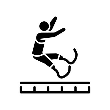 Long jump black glyph icon. Athletes compete jumping for distance. Horizontal jump. Track and field sports. Sportsman with prosthesis. Silhouette symbol on white space. Vector isolated illustration. Long jump black glyph icon
