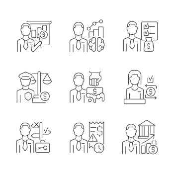 Career in finance field linear icons set. Management and business administration. Financial occupation. Customizable thin line contour symbols. Isolated vector outline illustrations. Editable stroke. Career in finance field linear icons set