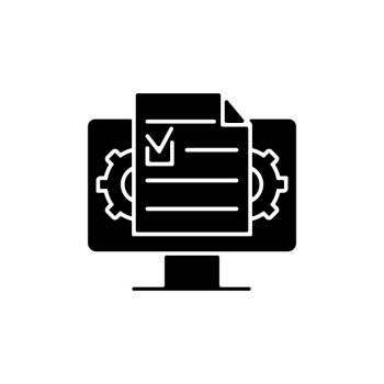 Document management black glyph icon. Creating and organizing online documents. Converting file to digital format. Control documentation. Silhouette symbol on white space. Vector isolated illustration. Document management black glyph icon