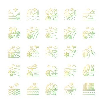 Land types gradient linear vector icons set. Biome diversity. Hot and cold climate zones. Agricultural and industrial areas. Thin line contour symbols bundle. Isolated outline illustrations collection. Land types gradient linear vector icons set