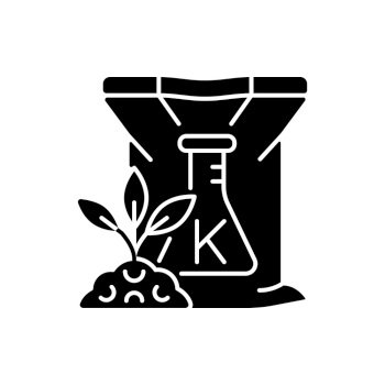 Potassium fertilizer black glyph icon. Plants growth increasing. Plant nourishment. Supplement for soil. Minerals and salts. Silhouette symbol on white space. Vector isolated illustration. Potassium fertilizer black glyph icon