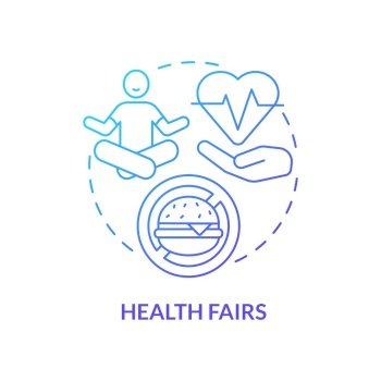 Health fairs blue gradient concept icon. Employees wellness care program. HR organizing skills abstract idea thin line illustration. Isolated outline drawing. Myriad Pro-Bold font used. Health fairs blue gradient concept icon