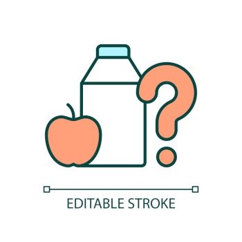 Food shortage RGB color icon. Food insecurity. Lack of sustenance and nutrition. Milk and apple. Isolated vector illustration. Simple filled line drawing. Editable stroke. Arial font used. Food shortage RGB color icon