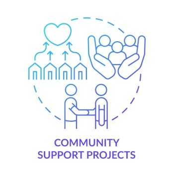 Community support projects blue gradient concept icon. Psychological care. Way to help refugees abstract idea thin line illustration. Isolated outline drawing. Myriad Pro-Bold font used. Community support projects blue gradient concept icon