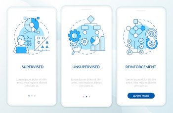 Categories of machine learning blue onboarding mobile app screen. Walkthrough 3 steps graphic instructions pages with linear concepts. UI, UX, GUI template. Myriad Pro-Bold, Regular fonts used. Categories of machine learning blue onboarding mobile app screen