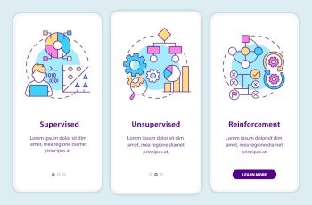 Categories of machine learning onboarding mobile app screen. Walkthrough 3 steps graphic instructions pages with linear concepts. UI, UX, GUI template. Myriad Pro-Bold, Regular fonts used. Categories of machine learning onboarding mobile app screen