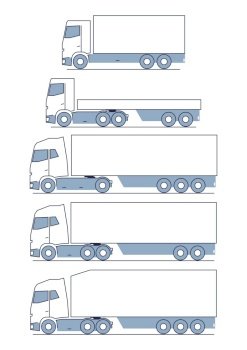 Set of five truck icons. Side view of a simplified truck. Flat vector.