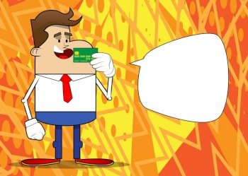 Simple retro cartoon of a businessman holding credit card. Professional finance employee white wearing shirt with red tie.