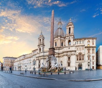 Fountain of the Four Rivers by the Church of Sant’Agnese by Bernini in Piazza Navona, Rome, Italy.
