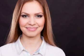Youth and self-care. Young pretty woman portrait in make up. Face of beauty girl with straight smoothy hair and casual makeup.. Portrait of beauty amazing young woman.