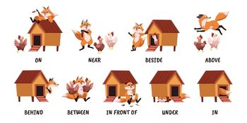Learning english prepositions. Fox with chicken coop scenes, children visual aid, wild animal, domestic birds, language study, kindergarten educational worksheet vector cartoon flat style isolated set. Learning english prepositions. Fox with chicken coop scenes, children visual aid, wild animal, domestic birds, language study, kindergarten educational worksheet vector cartoon isolated set