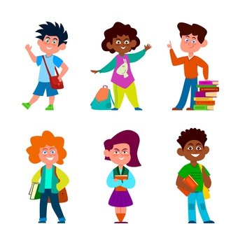 Multiethnic school children. Boys and girls in casual clothes with backpack and books. Little pupil with student educational supplies, young funny characters. Vector cartoon flat style isolated set. Multiethnic school children. Boys and girls in casual clothes with backpack and books. Little pupil with student educational supplies. Vector cartoon flat style isolated set