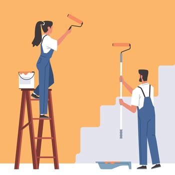 Painters paints wall. Professional decorators making renovation, change surface color, construction repairs finishing works, craftsman man and woman with roller, vector cartoon flat isolated concept. Painters paints wall. Professional decorators making renovation, change surface color, construction repairs finishing works, craftsman man and woman with roller, vector concept