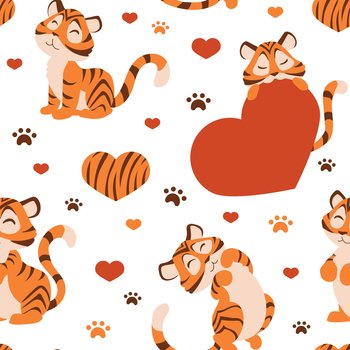 Tiger pattern. Seamless cute stripped wild animal texture for greeting cards, wallpaper and wrapping paper. Paw footprints and hearts. 2022 year holiday cat character. Vector funny kitten mascot print. Tiger pattern. Seamless stripped wild animal texture for greeting cards, wallpaper and wrapping paper. Paw footprints and hearts. 2022 year cat character. Vector funny kitten mascot print