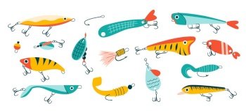 Doodle fishing lure. Abstract contemporary fishery baits of different sizes and shapes for angler. Colored hand drawn fisher tackle accessories with hooks. Vector isolated plastic rod wobblers set. Doodle fishing lure. Abstract contemporary fishery baits of different sizes and shapes for angler. Colored hand drawn fisher accessories with hooks. Vector isolated plastic wobblers set