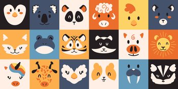 Animal portraits. Cute wild and domestic creature avatars. Minimalistic cartoon penguin, toad and panda heads. Koala, sheep or chick faces. Fluffy fox, tiger and raccoon. Vector birds and mammals set. Animal portraits. Wild and domestic creature avatars. Minimalistic penguin, toad and panda heads. Koala, sheep or chick faces. Fluffy fox, tiger and raccoon. Vector birds and mammals set