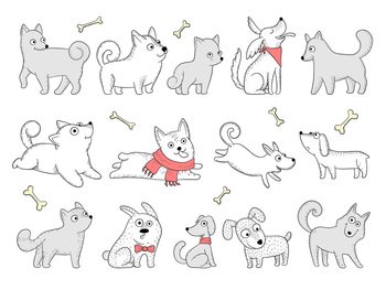 Funny dogs. Domestic puppy characters in action poses sitting jumping playing vector animals. Domestic dog pose, funny puppy breed illustration. Funny dogs. Domestic puppy characters in action poses sitting jumping playing vector animals