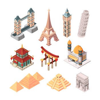 Historical famous landmarks. Isometric symbols for travellers buildings statue bridges pyramid worldwide landmarks collection. Illustration tourist cityscape, vacation attraction temple. Historical famous landmarks. Isometric symbols for travellers buildings statue bridges pyramid worldwide landmarks collection