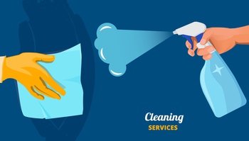 Cleaning service. Clean surface, hands with spray and fabric. Arm wipes wall or desk vector illustration. Cleanup surface, prevention cleaning and wipe disinfect. Cleaning service. Clean surface, hands with spray and fabric. Arm wipes wall or desk vector illustration