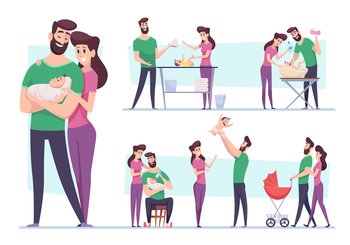Happy family. Lovely couple mother and father taking care to new born child mom breastfeeding embracing infant kid exact vector cartoon illustrations. Mother and father love baby, family with child. Happy family. Lovely couple mother and father taking care to new born child mom breastfeeding embracing infant kid exact vector cartoon illustrations