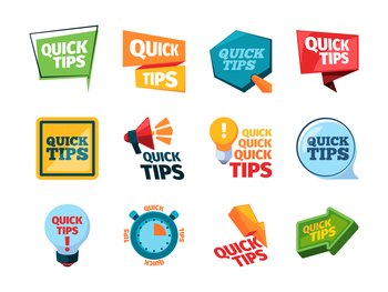 Quick tips. Promo labels idea reminder stickers education messages think marks creative colored idea logos garish vector quick tips set. Illustration of quick tips and advice idea info. Quick tips. Promo labels idea reminder stickers education messages think marks creative colored idea logos garish vector quick tips set
