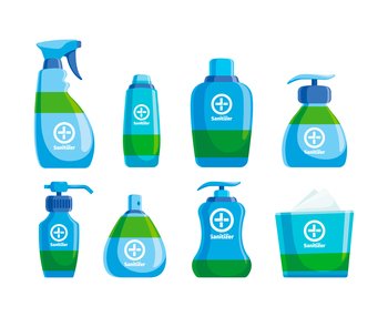 Sanitizer bottles. Hygienic products bottles disinfect products hands wiping packaging clear spray garish vector pictures collections of sanitizer. Illustration of bottle hygiene and sanitizer. Sanitizer bottles. Hygienic products bottles disinfect products hands wiping packaging clear spray garish vector pictures collections of sanitizer