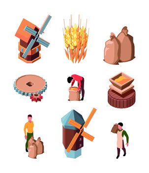 Milling production. Farm industry making mill from rural grains and rustic corns historical building of windmill garish vecto illustrations isometric. Production industry and harvesting. Milling production. Farm industry making mill from rural grains and rustic corns historical building of windmill garish vecto illustrations isometric