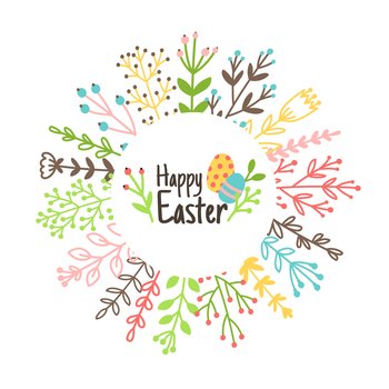 Easter wreath. Cartoon blossom colored branches around holiday logo with eggs, cute elements of spring day, vector illustration of beautiful decoration isolated on white background. Cartoon easter wreath