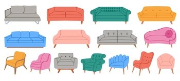 Cartoon chair, sofa and couch, house comfort soft furniture. Cozy armchairs in scandinavian style. Interior relaxing elements vector set. Illustration of couch or sofa, chairs furniture. Cartoon chair, sofa and couch, house comfort soft furniture. Cozy armchairs in scandinavian style. Interior relaxing elements vector set