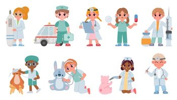 Cartoon kids doctors and nurses play and treat toys. Boys and girls medical characters with stethoscope, thermometer and pills vector set. Children examining toys with medical equipment. Cartoon kids doctors and nurses play and treat toys. Boys and girls medical characters with stethoscope, thermometer and pills vector set
