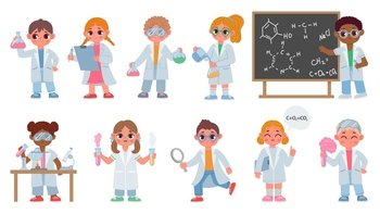Cartoon kids in robes do chemistry experiment, children scientists. Biological students do laboratory test. Kid science education vector set. Boys and girls holding tubes with liquid. Cartoon kids in robes do chemistry experiment, children scientists. Biological students do laboratory test. Kid science education vector set