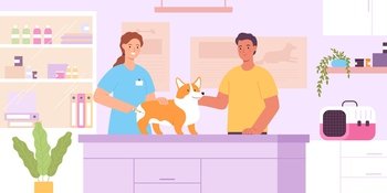 Flat vet clinic interior with veterinarian doctor, dog and owner. Veterinary healthcare center for pets. Animals vaccination vector concept. Character examining and treating puppy in hospital. Flat vet clinic interior with veterinarian doctor, dog and owner. Veterinary healthcare center for pets. Animals vaccination vector concept
