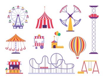Flat amusement park roller coaster, circus tent and hot air balloon. Festival carnival ferris wheel, food kiosk and attractions vector set. Extreme entertainment and recreation for families. Flat amusement park roller coaster, circus tent and hot air balloon. Festival carnival ferris wheel, food kiosk and attractions vector set
