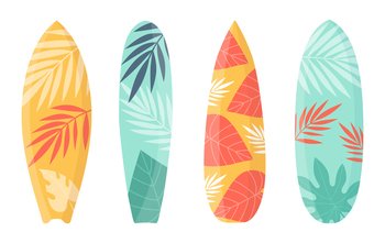 Cartoon surfing board collection for surf on wave. Vector surfboard vacation, extreme holiday, surf and active action illustration. Cartoon surfing board collection for surf on wave