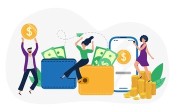 Money transfers. People sitting on wallet with dollar banknotes, woman standing on coin piles. Cartoon characters sending money to smartphone bank wireless payment technology vector. Money transfers. People sitting on wallet with dollar banknotes, woman standing on coin piles. Cartoon characters sending money