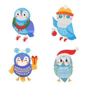 Winter owl. Funny birds with christmas attributes. Animals in xmas wreath, holiday socks holding tree ball, gift box. Winter owl. Funny cartoon birds with christmas attributes. Animals in xmas wreath, holiday socks holding tree ball, gift box. Cheerful characters wearing santa hat vector isolated set