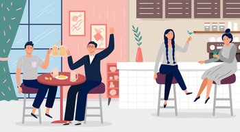 Friends meeting in bar, chatting and communicate. Bar friend meeting and talking drink coffee or beer. Vector illustration. Friends meeting in bar, chatting and communicate