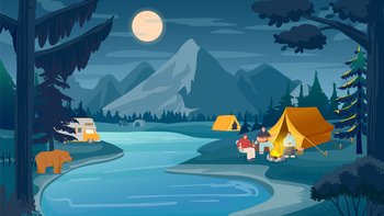 Mountain night camping, nature landscape near river. Summer nature travel landscape mountain adventure with tent in forest for tourism or hiking outdoor illustration. Mountain night camping, nature landscape near river