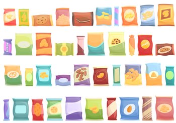 Snack pack icons set cartoon vector. Candy bag. Biscuit package. Snack pack icons set cartoon vector. Candy bag