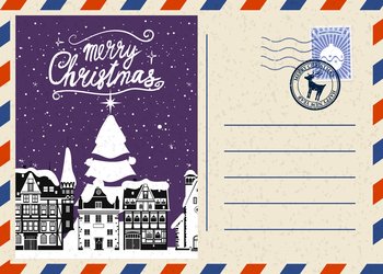 Christmas and Happy New Year greeting holiday postcard, old winter city xmas vintage background. Vector illustration invitation card retro isolated. Christmas and Happy New Year greeting holiday postcard, old winter city xmas vintage background. Vector illustration invitation card retro