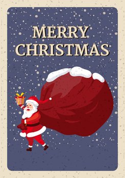 Merry Christmas poster, Santa Claus with big sack of gifts, retro invitation. Vector illustration vintage isolated background. Merry Christmas poster, Santa Claus with big sack of gifts, retro invitation. Vector illustration vintage