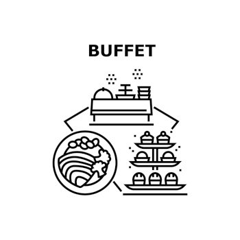 Buffet Food Vector Icon Concept. Meat And Vegetable Delicious Meal Plate, Cookies And Cakes Buffet Food. Catering Service Tasty Dish And Dessert. Cooked Lunch And Dinner Black Illustration. Buffet Food Vector Concept Black Illustration