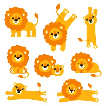 King lion set. Wild animal. Cartoon character. Colorful vector illustration. Isolated on white background. Design element.