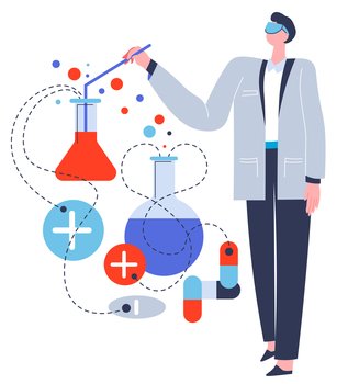 Scientist working on research in laboratory, isolated male character with tubes and substances dealing with experiment. Doctor or pharmaceutical worker with beakers and equipment vector in flat. Chemist in laboratory making experiments with substances and liquids