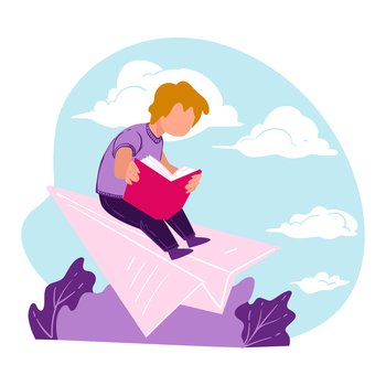 Boy reading book flying on paper plane, pupil male character developing imagination. Dreamy bookworm with fantasy story, literature hobby or leisure, pastime of children. Vector in flat style. Kid reading book developing imagination, fantasy stories literature
