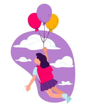 Opportunities and possibilities given by school education. Girl pupil flying with balloons, obtaining knowledge and developing personal skills. Dreaming and imagination, vector in flat style. Small girl flying on balloons, imagination and opportunities