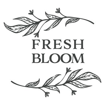 Blooming flowers, fresh bloom monochrome sketch outline. Product sticker or emblem, logotype for organic production or natural products. Florist store or shop assortment vector in flat style. Fresh bloom floral banner or emblem monochrome sketch outline