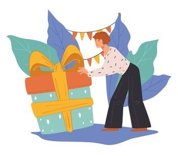 Female character with big present in wrapping and decorative ribbon bow. Woman preparing gift for special occasion or event. Celebration and partying, congratulations and greeting. Vector in flat. Girl with present on birthday, lady with gift