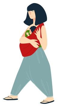 Mommy caring for newborn kid, woman with child, isolated female character with baby on hands. Lady walking with warm blanket and small kiddo. Relationship and happiness. Vector in flat style. Mother carrying newborn kid wrapped in blanket